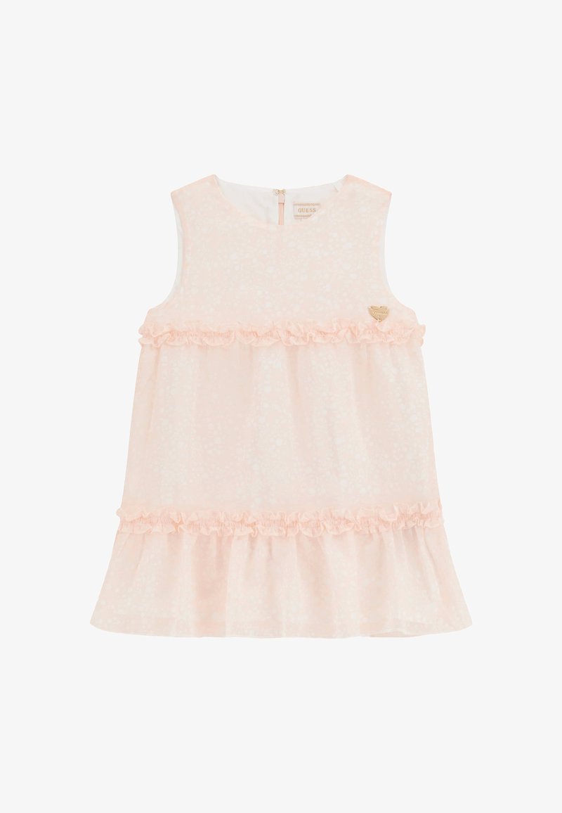 Bleda roza brezrokavna obleka z nabranim nivojem, cvetličnim vzorcem in majhnim zlatim srcem kot poudarkom. Zadrga na hrbtu.