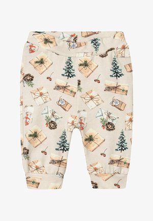 Light beige pants featuring a festive print of gifts, pine trees, and holiday accents. Soft cotton material with elastic cuffs.