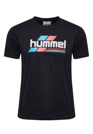 Zwart T-shirt met korte mouwen van katoen, met een kleurrijk "hummel PERFORMANCE" logo in lichtblauw, rood en wit over de borst.