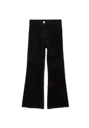 Pantalons en velours côtelé noir évasés avec une fermeture à bouton, des poches avant et des détails d'ourlet brut. Texture douce, design taille mi-haute.
