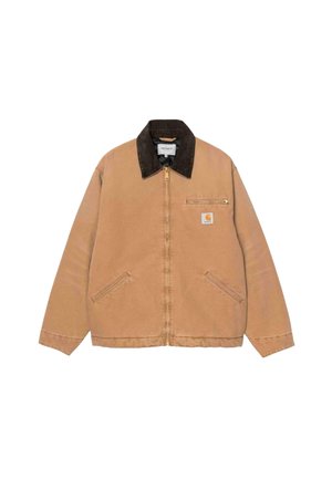 Tan katoenen jack met een donkerbruine corduroy kraag, een rits aan de voorkant, twee zijzakken en een borstzak met rits.