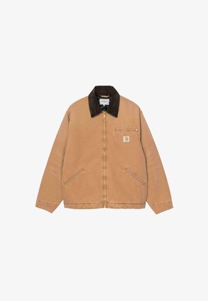 Tan cotton jacket with a dark brown corduroy collar, front zip closure, two side pockets, and a chest pocket with zipper.