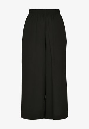 Pantaloni neri a gamba larga con vita elastica, realizzati in un tessuto liscio con minima texture e senza ulteriori motivi o dettagli.