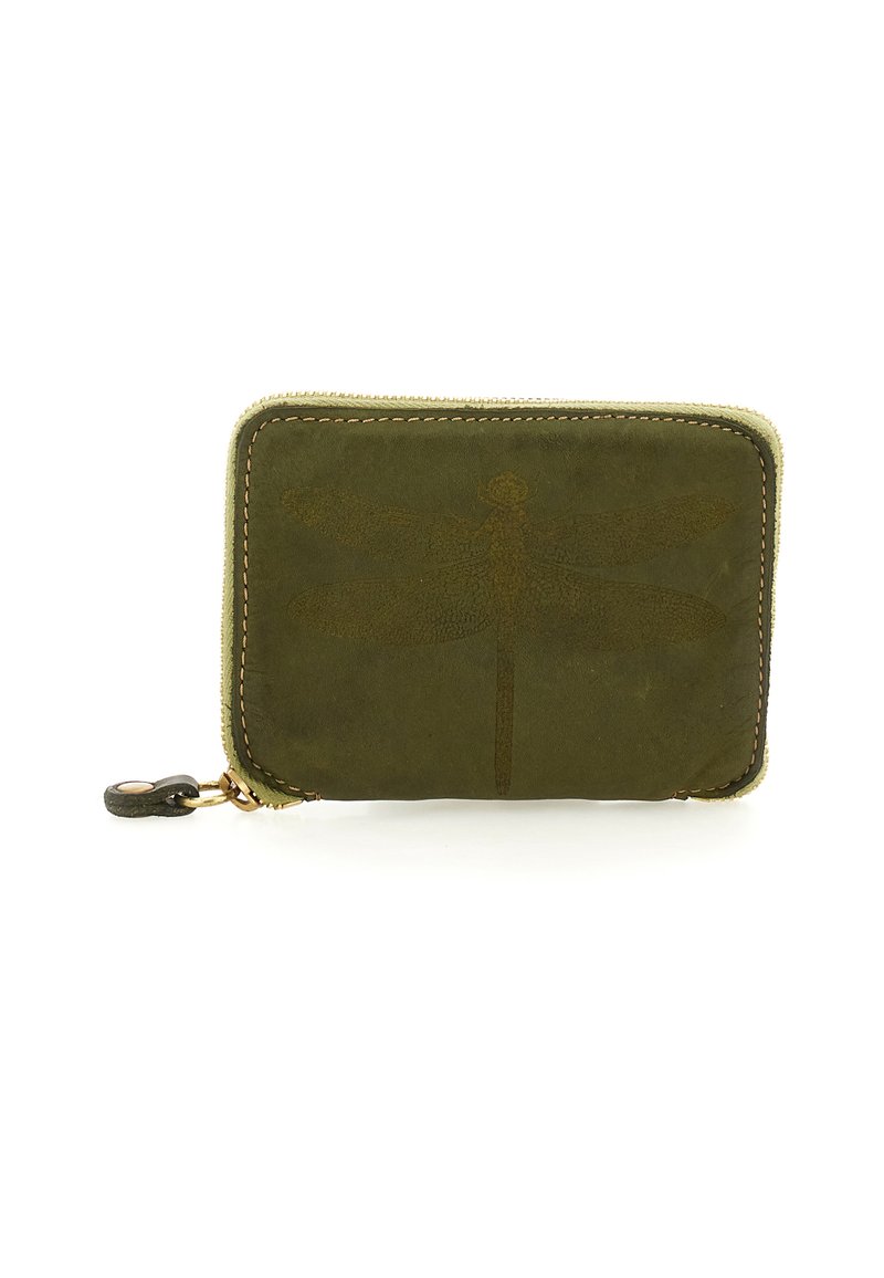 Portafoglio in pelle verde oliva con un design di libellula impresso sul fronte e una cerniera beige con un passante in pelle.