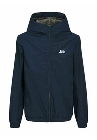 Veste à capuche bleu marine avec fermeture éclair sur le devant, poignets élastiques et logo blanc "JJ90" sur la poitrine gauche.