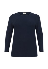Navy blue long-sleeve knit top with a round neckline, featuring a ribbed texture and a relaxed fit. Brand label positioned at the neck.
