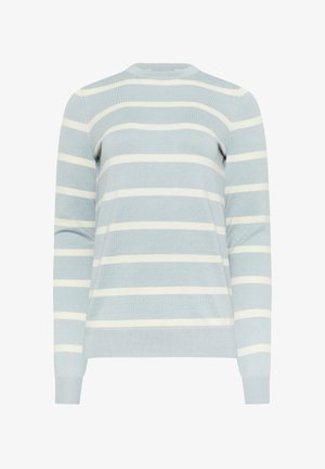 Pull léger bleu clair à manches longues avec des rayures blanches horizontales, des poignets et un ourlet côtelés, et un col rond.