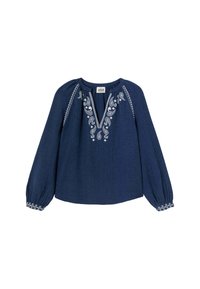 Blouse à manches longues bleu marine en tissu texturé, décorée de motifs floraux brodés blancs le long de l'encolure et des poignets.