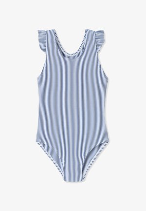 Einteiliger Badeanzug mit blauen und weißen Streifen, verziert mit volants an den Schultern und einem tiefen Rundhalsausschnitt. Hergestellt aus strukturiertem, elastischem Stoff.