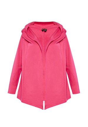 Hellpink Kapuzenjacke mit langen Ärmeln, Frontreißverschluss, Daumenlöchern an den Bündchen und einem offenen, leicht ausgestellten Saum mit zentralem Schlitz.