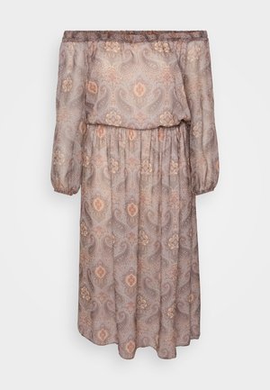 Rojena obleka z dolgimi rokavi v svetlobruni tkanini z paisley vzorcem v toplih tonih. Elastičen pas in ohlapen kroj.