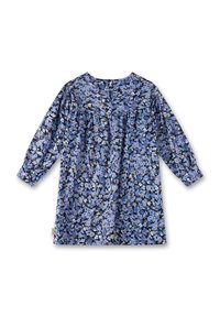 Kleid mit floralem Muster auf blauem Hintergrund, das verschiedene Blumen in Blau-, Beige- und Schwarztönen zeigt. Lange Puffärmel und Knopfdetail am Rücken.