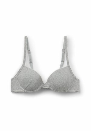 Sujetador de tela acanalada gris claro con aros, tirantes ajustables y un sutil borde de encaje a lo largo de los bordes, mostrado sobre un fondo blanco.