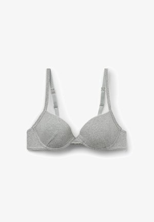 Hellgrauer gerippter BH mit Bügel, verstellbaren Trägern und dezentem Spitzenbesatz an den Kanten, vor weißem Hintergrund präsentiert.