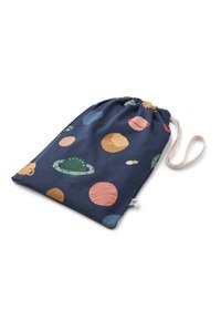 Blauwe trekkoordtas met een kleurrijk patroon van planeten en sterren, gemaakt van katoenen stof met een zachte textuur en lichtbeige koord.
