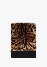 Coperta in pelliccia sintetica con motivo leopardato, dalla morbida texture e con un bordo nero a coste nella parte inferiore. Forma rettangolare, colori vivaci marrone e nero.