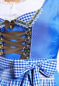 Blå klänning med pricka-mönster, blommiga dekorationer och spetskant. Framlacing med bruna band och en rutigt rosett vid midjan.