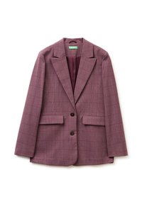 Blazer a quadri viola con rever a lappo, due tasche frontali e due bottoni marroni. Interno foderato di una tonalità di viola più scura.
