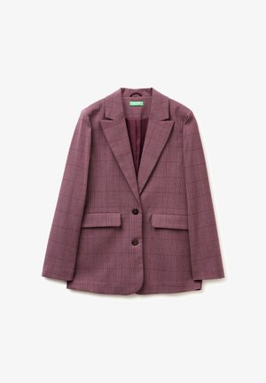 Paars geruit blazer met inkepingen, twee voorzakken en twee bruine knopen. Voering in een donkerdere schaduw van paars.