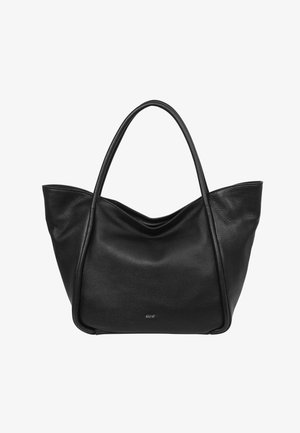 Black leather tote bag with a soft, textured surface, elongated handles, and a spacious, open top design. Features a subtle logo.