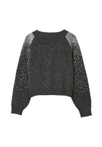 Maglione grigio con un design corto, caratterizzato da un materiale a maglia testurizzato e decorazioni in paillettes sulle spalle.