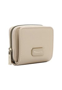 Beige leather wallet with a textured finish, zip closure, and gold hardware. Features a logo plaque on the front. Compact square shape.