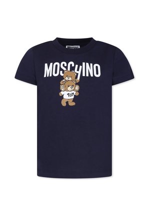Granatowy bawełniany T-shirt z grafiką dwóch pluszowych misiów i napisem "MOSCHINO" w białym kolorze. Krótkie rękawy, okrągły dekolt.