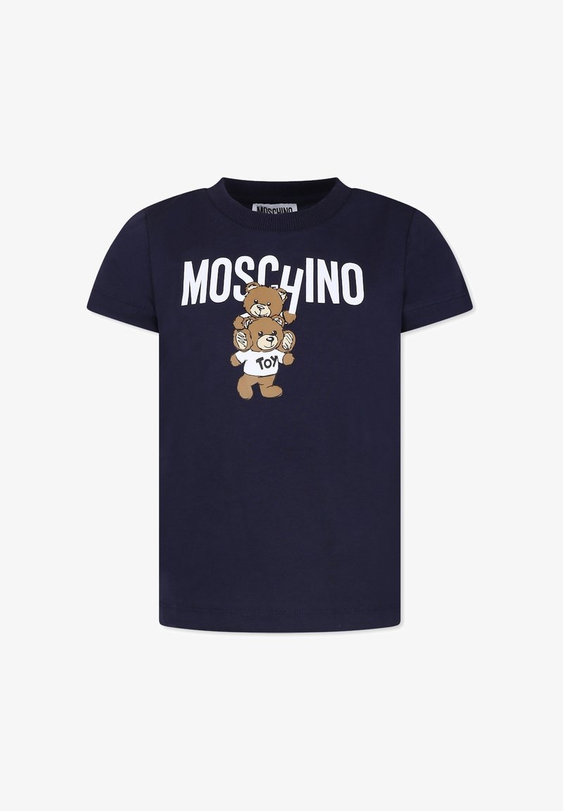 Marineblaues Baumwoll-T-Shirt mit einer Grafik von zwei Teddybären und dem Wort "MOSCHINO" in Weiß. Kurze Ärmel, Rundhalsausschnitt.