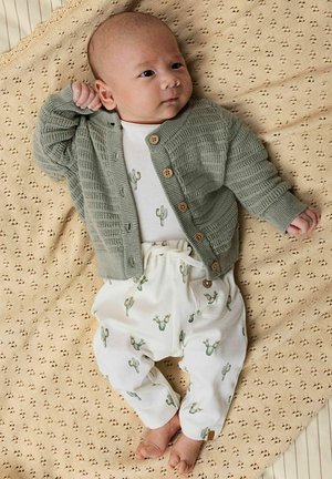 Strikket grøn cardigan med træknapper, kombineret med hvide bukser med grønne kaktusmønstre. Lagt på et tekstureret beige tæppe.