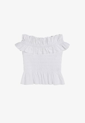 Biała bluzka bez ramiączek z falbaną przy dekolcie, marszczonym stanem i rozkloszowanym dołem. Wykonana z lekkiej bawełnianej tkaniny.