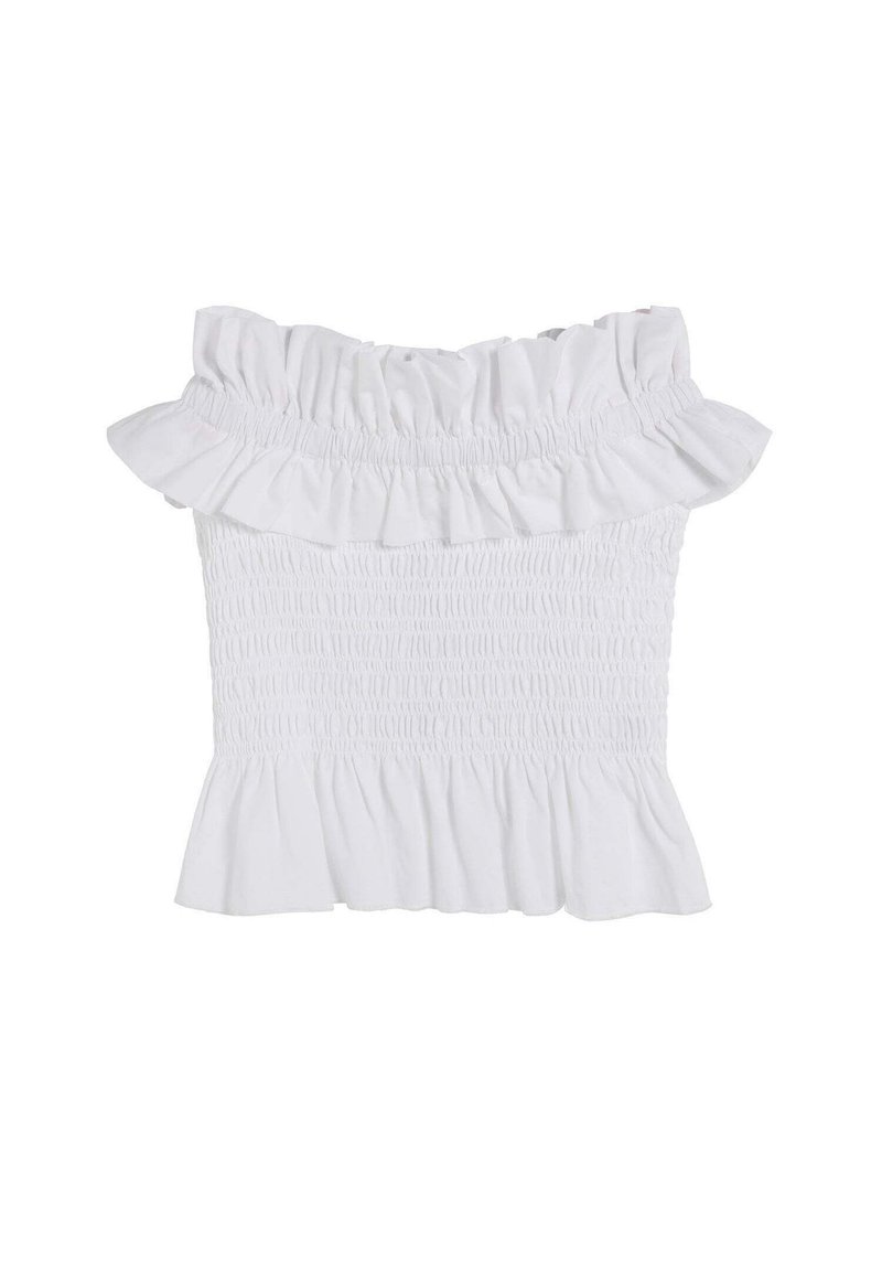 Top blanco sin mangas con escote a los hombros, con un cuello con volantes, un cuerpo fruncido y un dobladillo acampanado. Hecho de tejido de algodón ligero.