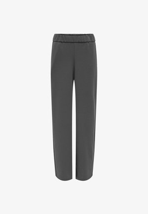 Pilkos, aukštu juosmeniu kelnės su elastinga juosta, tiesiu kirpimu ir minkšta tekstūra, tinkančios kasdieniam ar atsipalaidavusiam dėvėjimui.