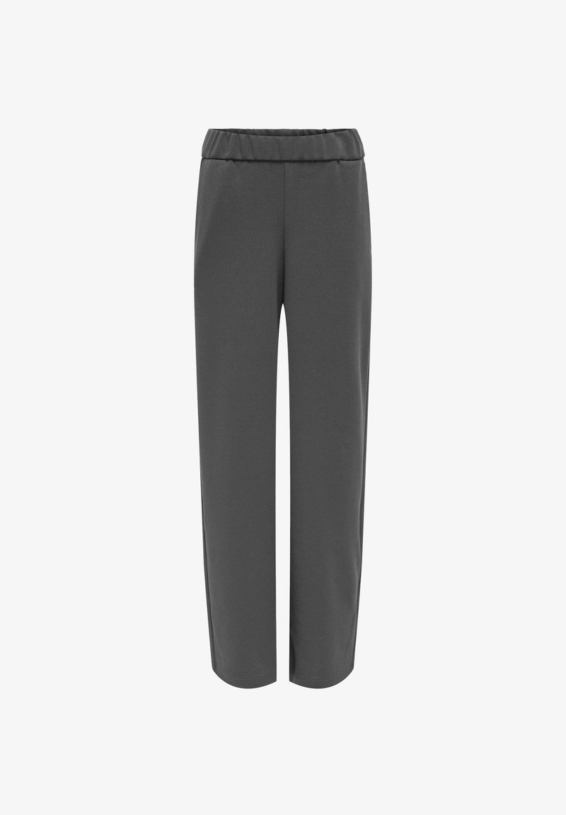 Šedé kalhoty s vysokým pasem, elastickým pasem, rovného střihu a měkké textury, vhodné pro neformální nebo uvolněné nošení.