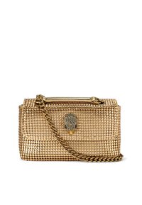 Goldfarbene Netzhandtasche mit einer Kettenriemen, diamantförmiger Textur und einem dekorativen Verschluss mit einem detaillierten Muschel-Design.