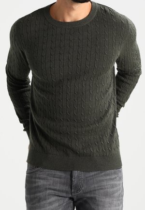 Maglione lavorato a maglia verde oliva con una texture a coste, dotato di scollo rotondo e maniche lunghe, abbinato a jeans di denim grigi.