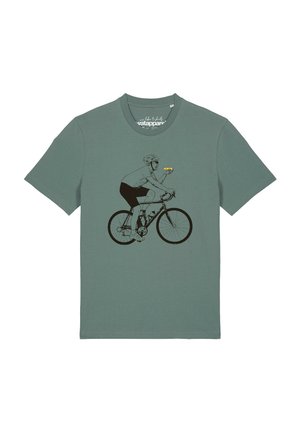 T-shirt vert avec illustration noire d'un cycliste portant un casque, tenant un sandwich jaune tout en roulant à vélo de route.