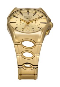 Goldfarbene Edelstahl-Uhr mit achteckigem Gehäuse, drei Unterzifferblättern und Gliederarmband mit kreisförmigen Ausschnitten. Schlichte Stundenmarkierungen und Zeiger.