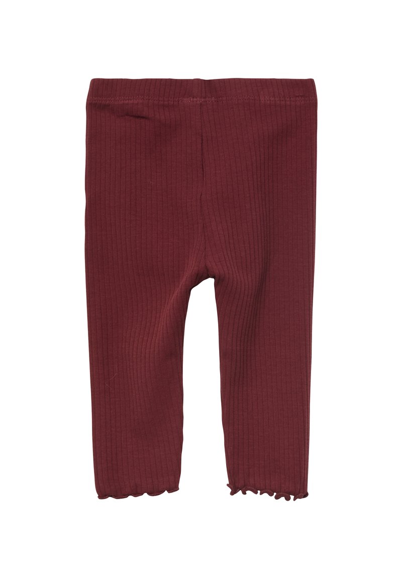 Leggings bordeaux côtelés avec une finition texturée, présentant une coupe ajustée et un ourlet festonné à la cheville. Tissu extensible pour plus de confort.