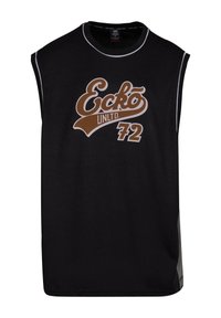 Débardeur de sport noir avec bordure blanche et logo "Ecko UNLTD 72" marron imprimé à l'avant.