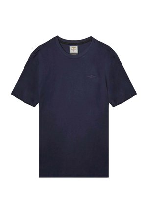 T-shirt in cotone blu navy con collo rotondo, maniche corte e un piccolo logo ricamato sul petto. Texture liscia, design casual.