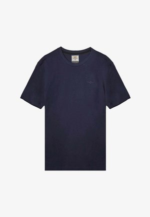 T-shirt in cotone blu navy con collo rotondo, maniche corte e un piccolo logo ricamato sul petto. Texture liscia, design casual.