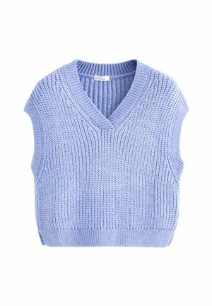 Pull sans manches en tricot bleu clair avec un décolleté en V, présentant un motif de côtes texturées et un ourlet ajusté.