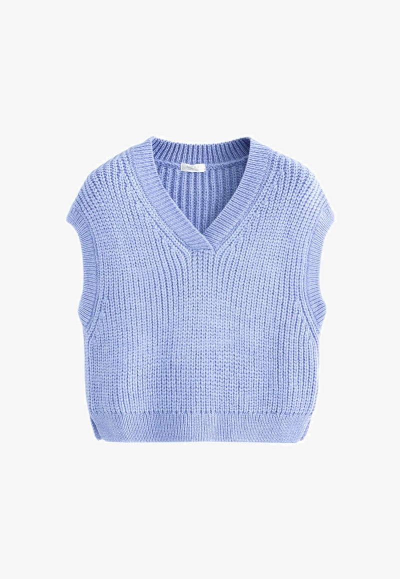 Lichtblauwe gebreide mouwloze trui met een V-hals, voorzien van een gestructureerde ribbel en een aansluitende zoom.