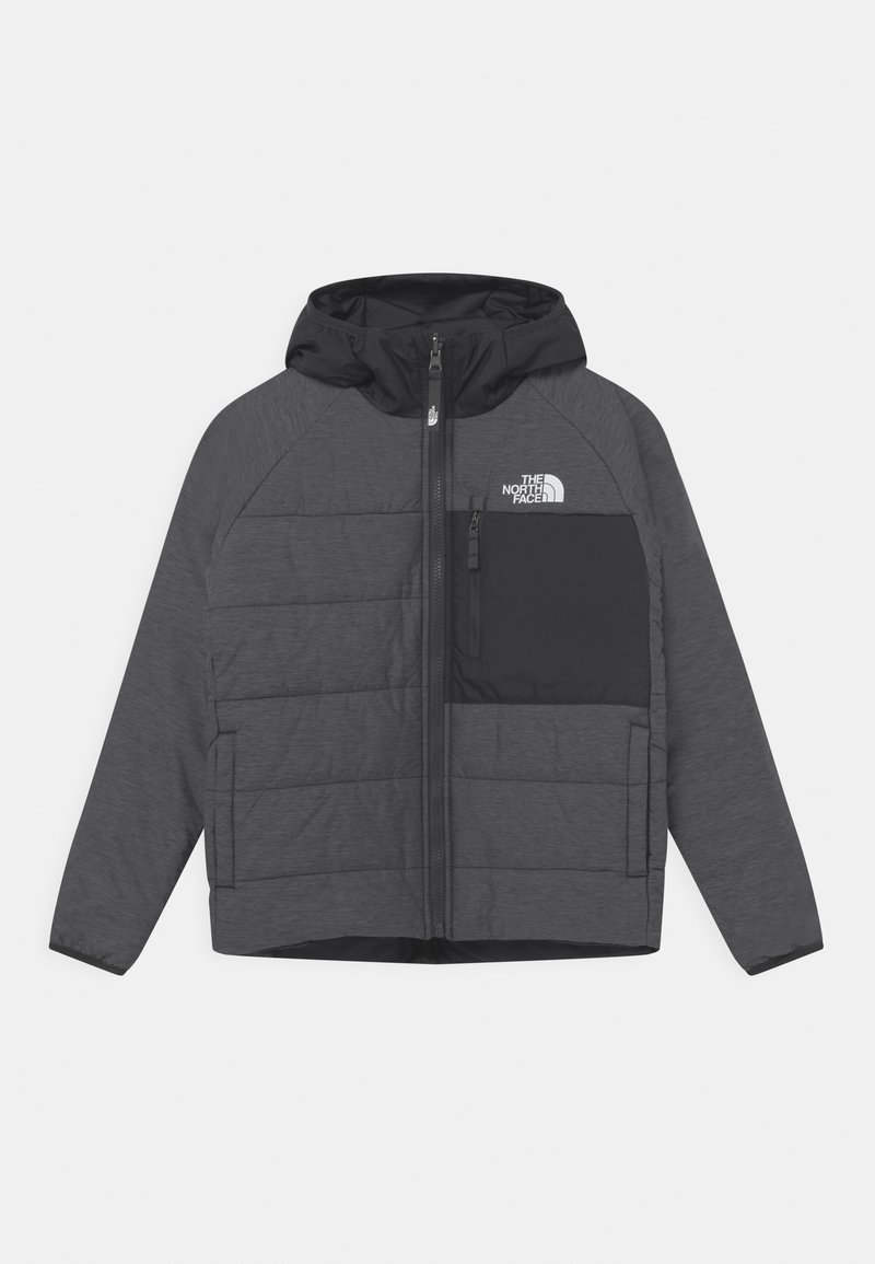 Šedá a černá mikina s kapucí na zip, prošívanými panely a náprsní kapsou s logem The North Face. Hladká, lehká látka.