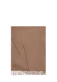 Brown fringed shawl with a smooth texture, featuring a square shape and a folded corner, made from soft fabric.