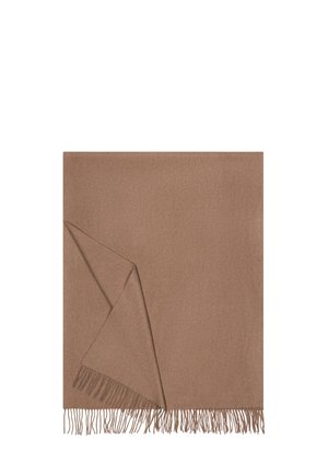 Brown fringed shawl with a smooth texture, featuring a square shape and a folded corner, made from soft fabric.