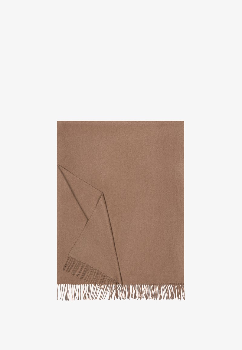 Brauner Fransen-Schal mit glatter Textur, quadratischer Form und gefaltetem Eck, gefertigt aus weichem Stoff.