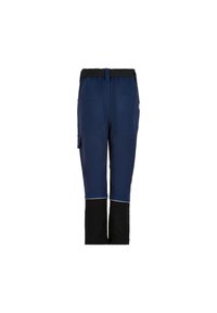 Marineblauwe werkbroeken met zwarte onderstukken, elastische tailleband, meerdere zakken en versterkte stof voor extra duurzaamheid.
