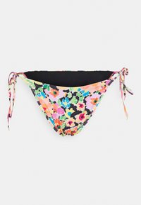 Parte de baixo de biquíni floral com um padrão multicolorido sobre um fundo claro, forro preto e laços ajustáveis nas laterais.