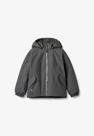 Gray jacket with a hood, elastic cuffs, and two front pockets. Features a full-length zipper and a soft interior lining.